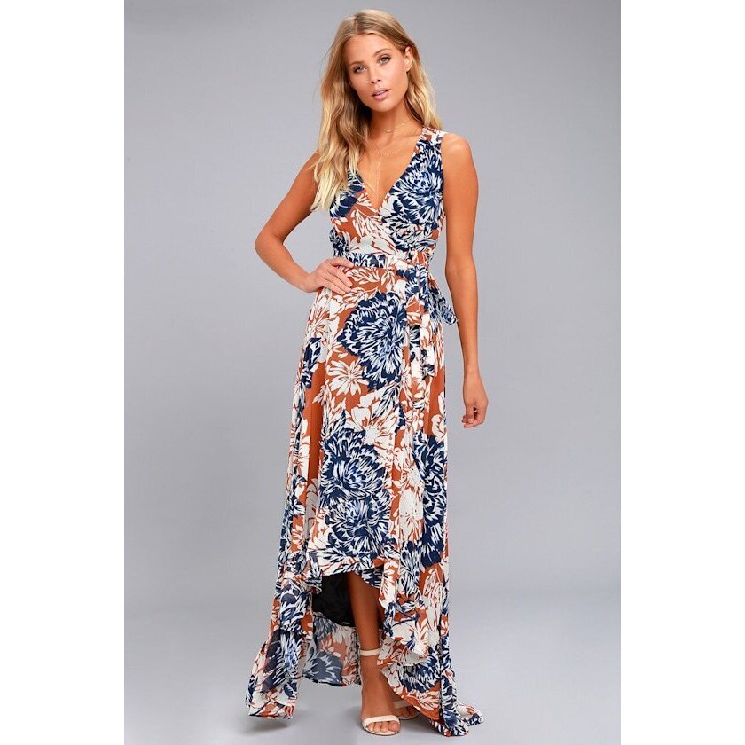 Lulus Desert Trip Rust Orange Floral Print High-Low Wrap Dress - Size Small